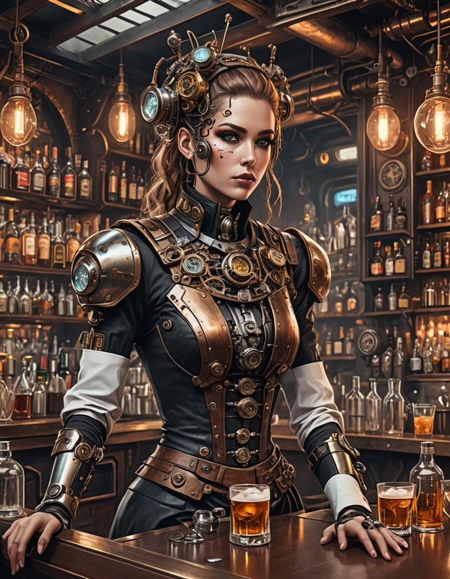 Steampunk Cyborg Bartender in Futuristic Bar