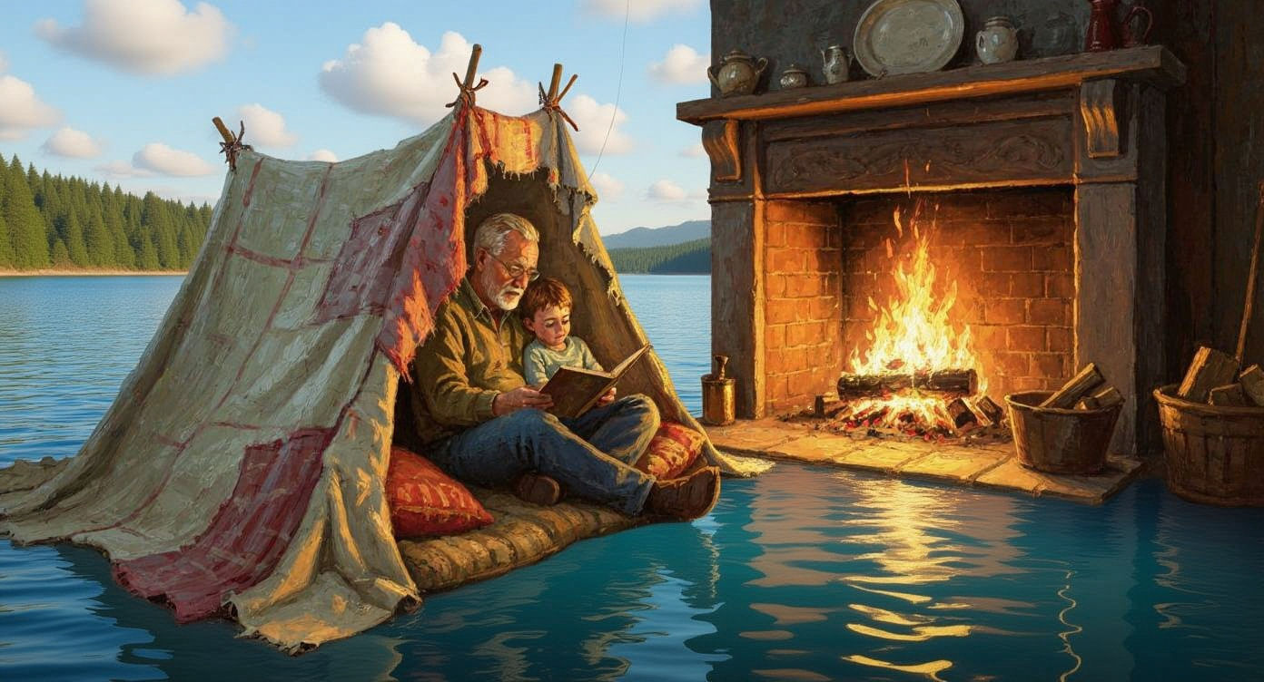 Cozy Blanket Fort by Fireplace, Granddad Reads to Grandson
