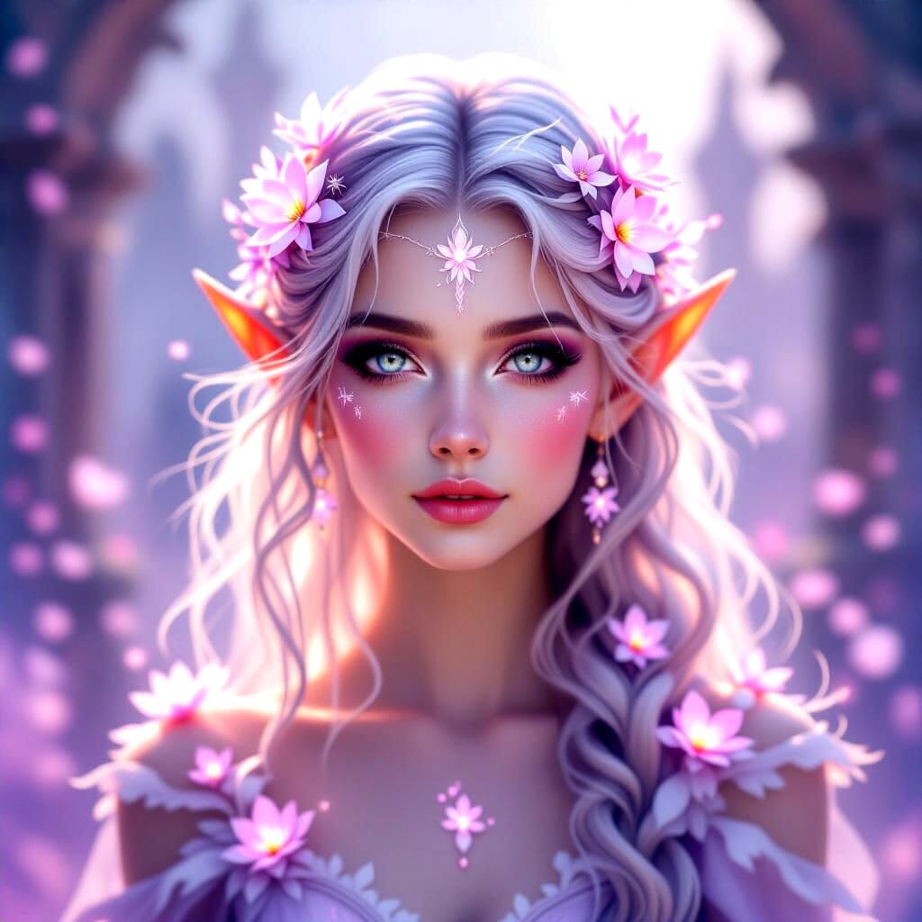 Ethereal Elf Queen Portrait in Dreamy Watercolor Style