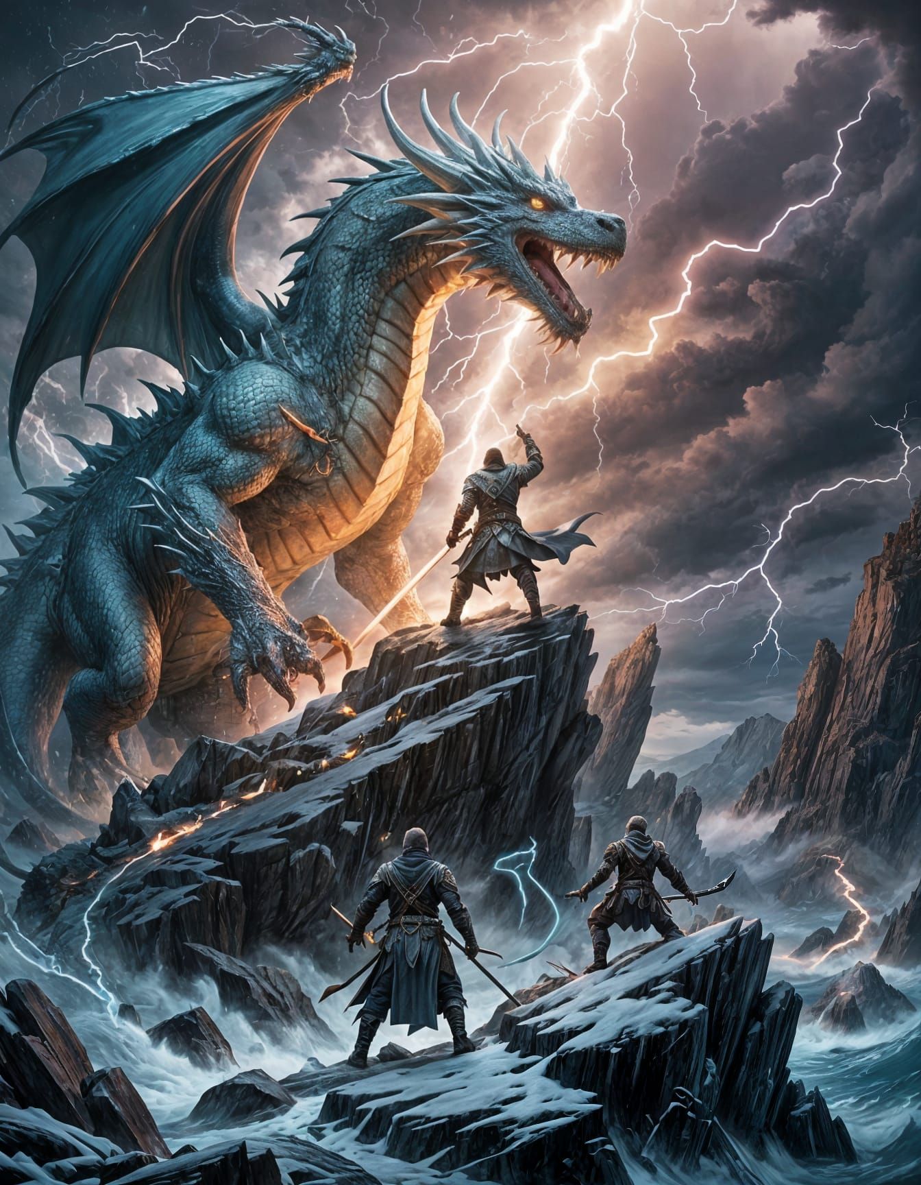 Knights Battle Roaring Dragon Under Stormy Skies