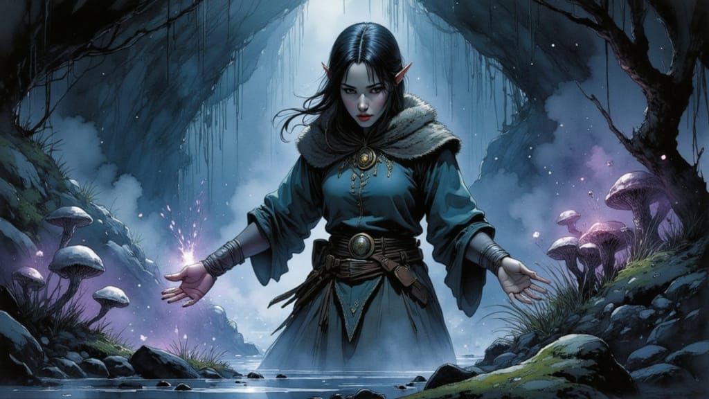 <lora:Nivis:1.0> fantasy scene :: A battle between nature and magic unfolds in a dim, damp cave where a determined Cauc...