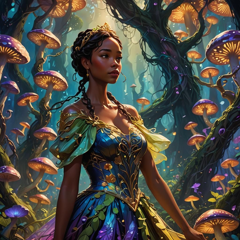 Tiana in Mystical Forest: Art Nouveau Oil Painting
