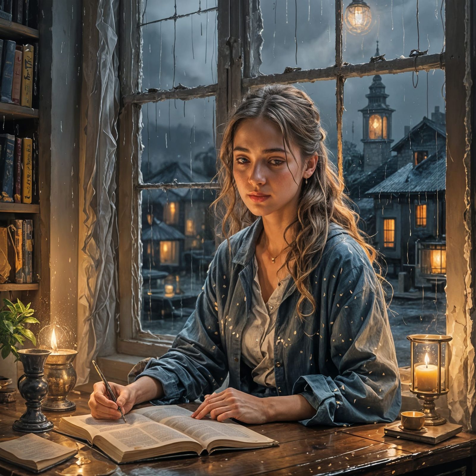 Girl Studies by Candlelight in Rainy Weather
