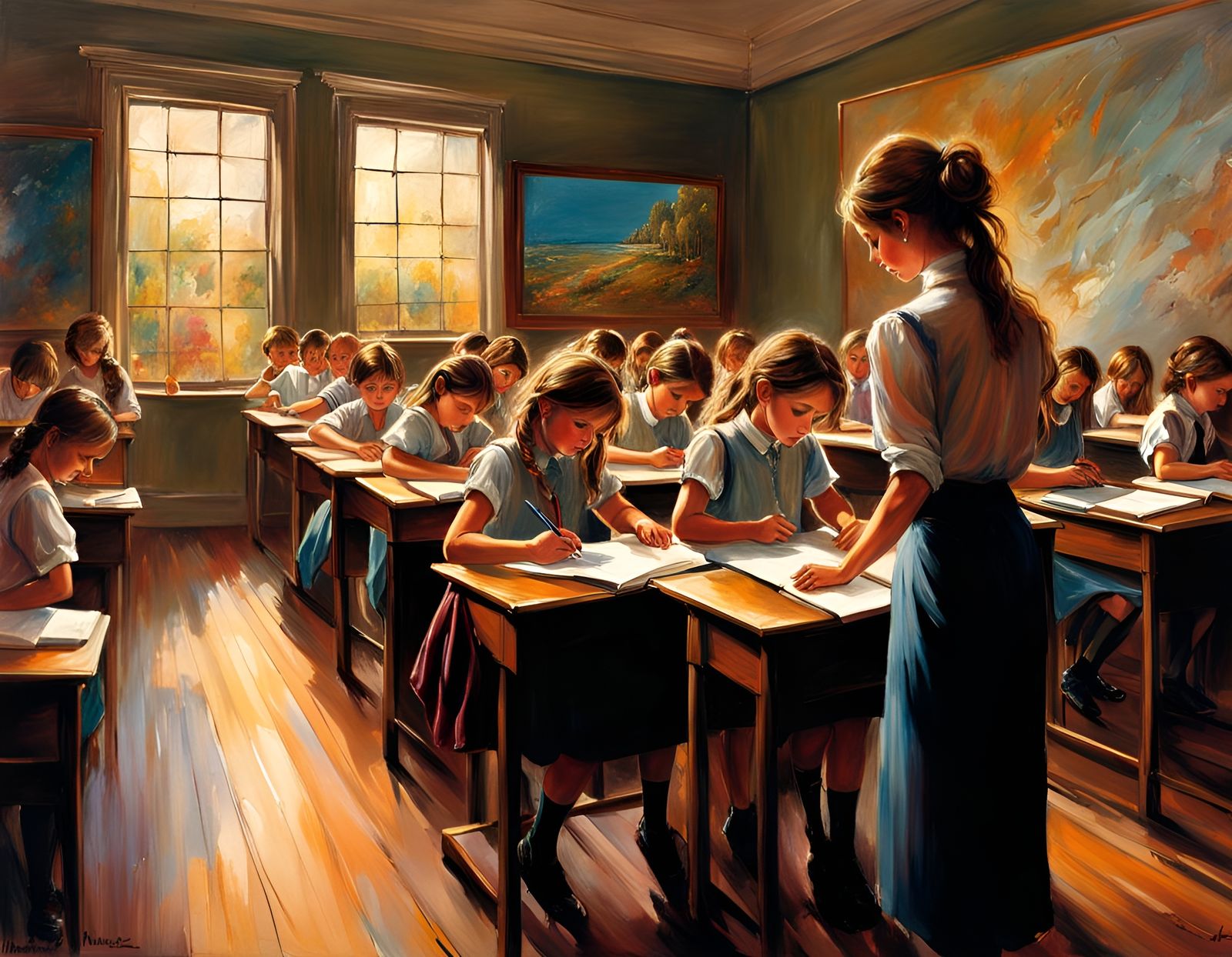 Classroom Scene in Loose Oil Painting Style