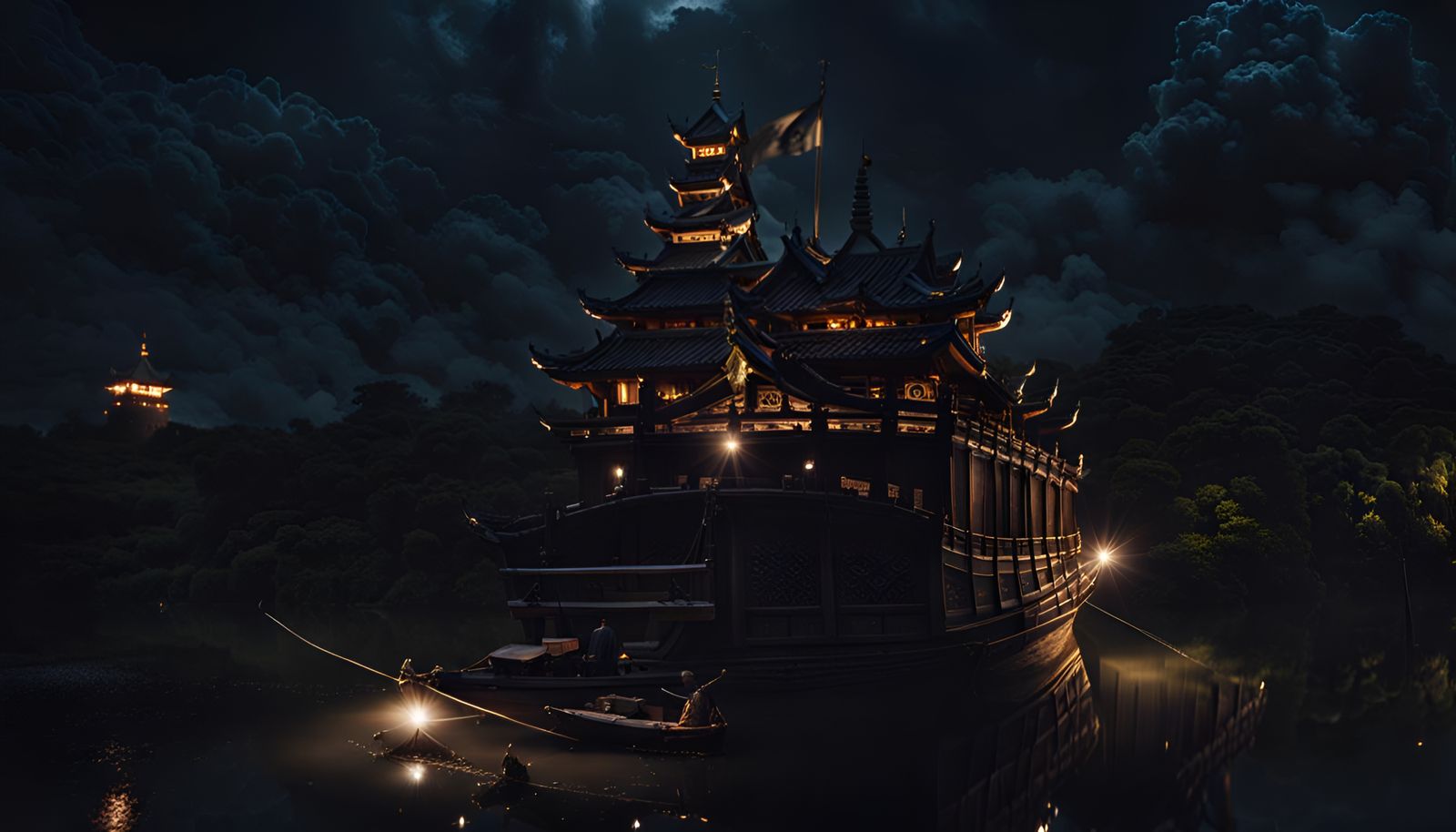 Nighttime Samurai Castle with Imperial Barge