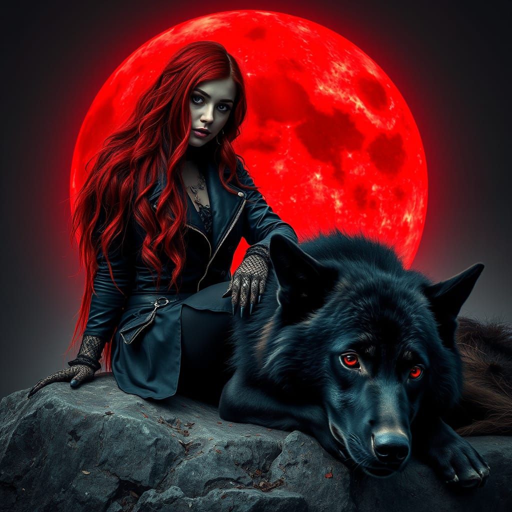 Gothic Woman with Wolf Under Red Moon