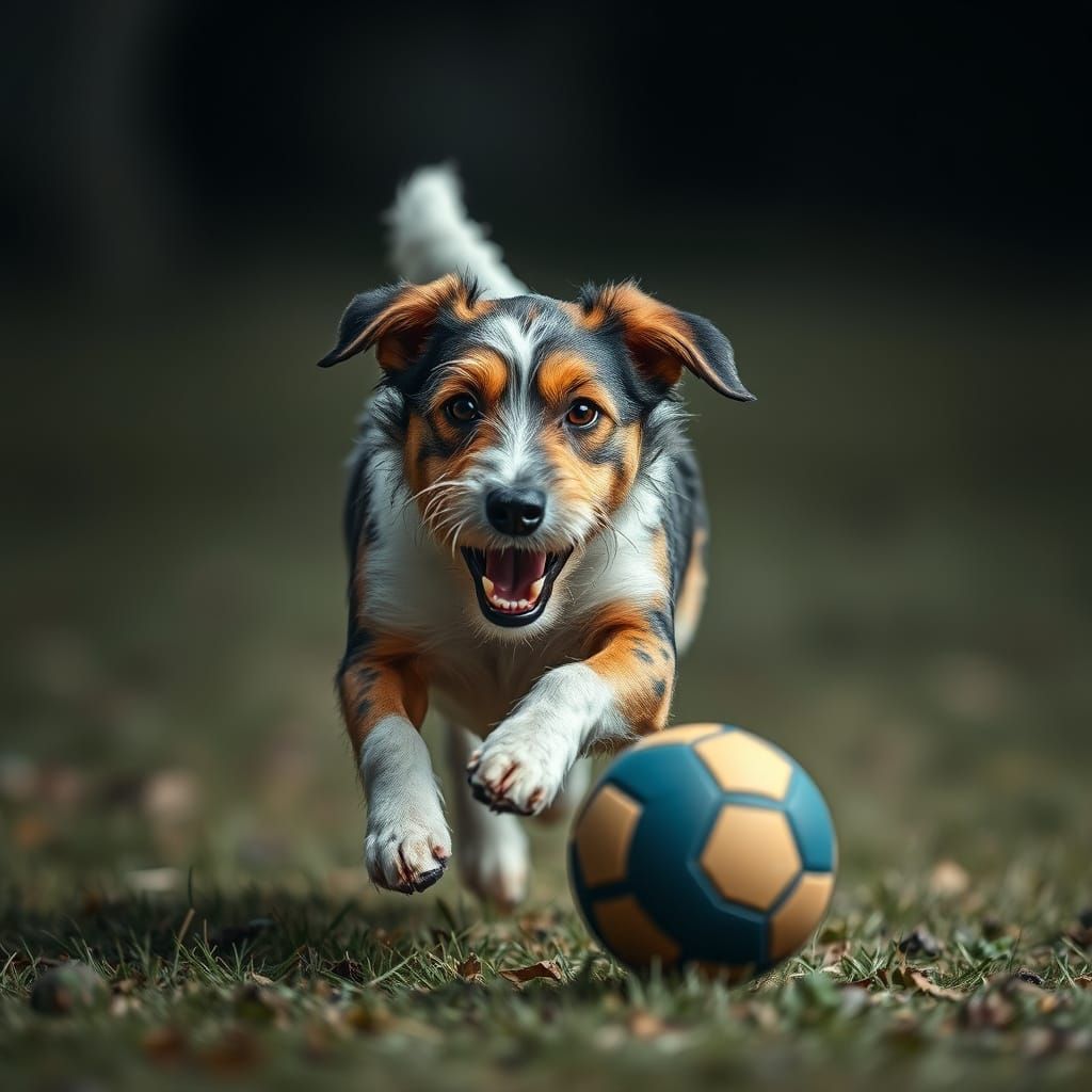 Mixed Breed Terrier Runs with Ball in Hyperrealistic Style