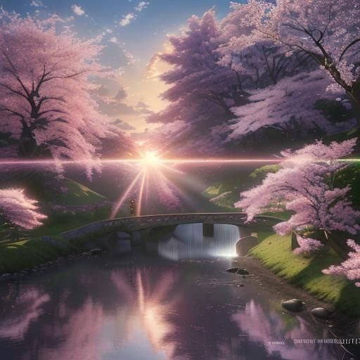 Hyperrealistic Sunrise Landscape with Cherry Blossoms
