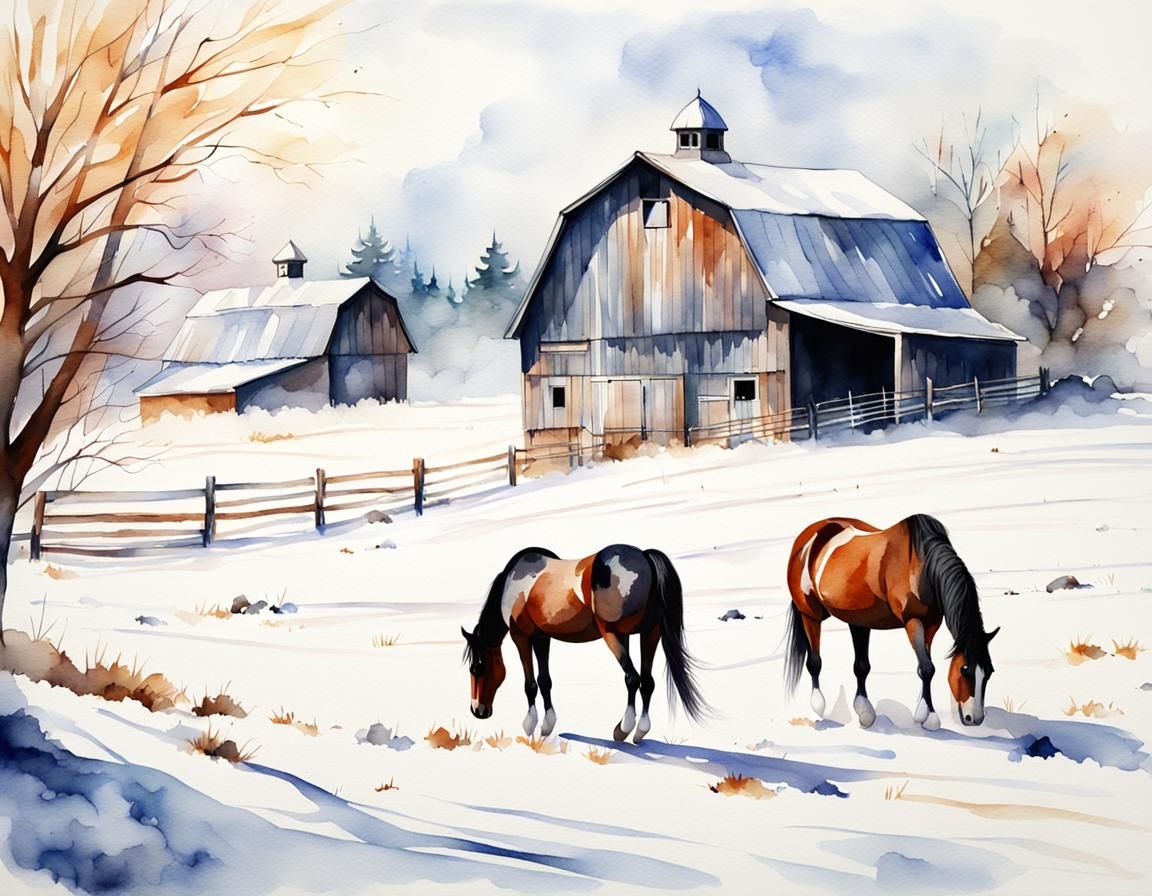 Watercolor Horses in Winter Landscape