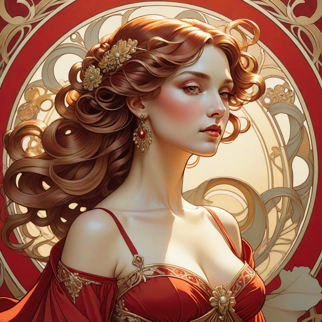 Art Nouveau Woman in Red Dress Portrait