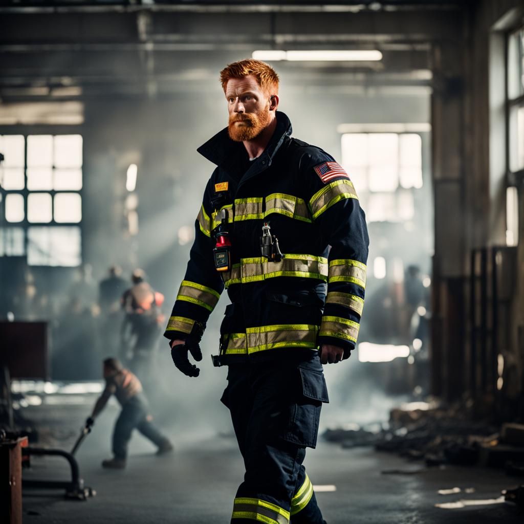 Ginger Firefighter Portrait with Bokeh Lighting