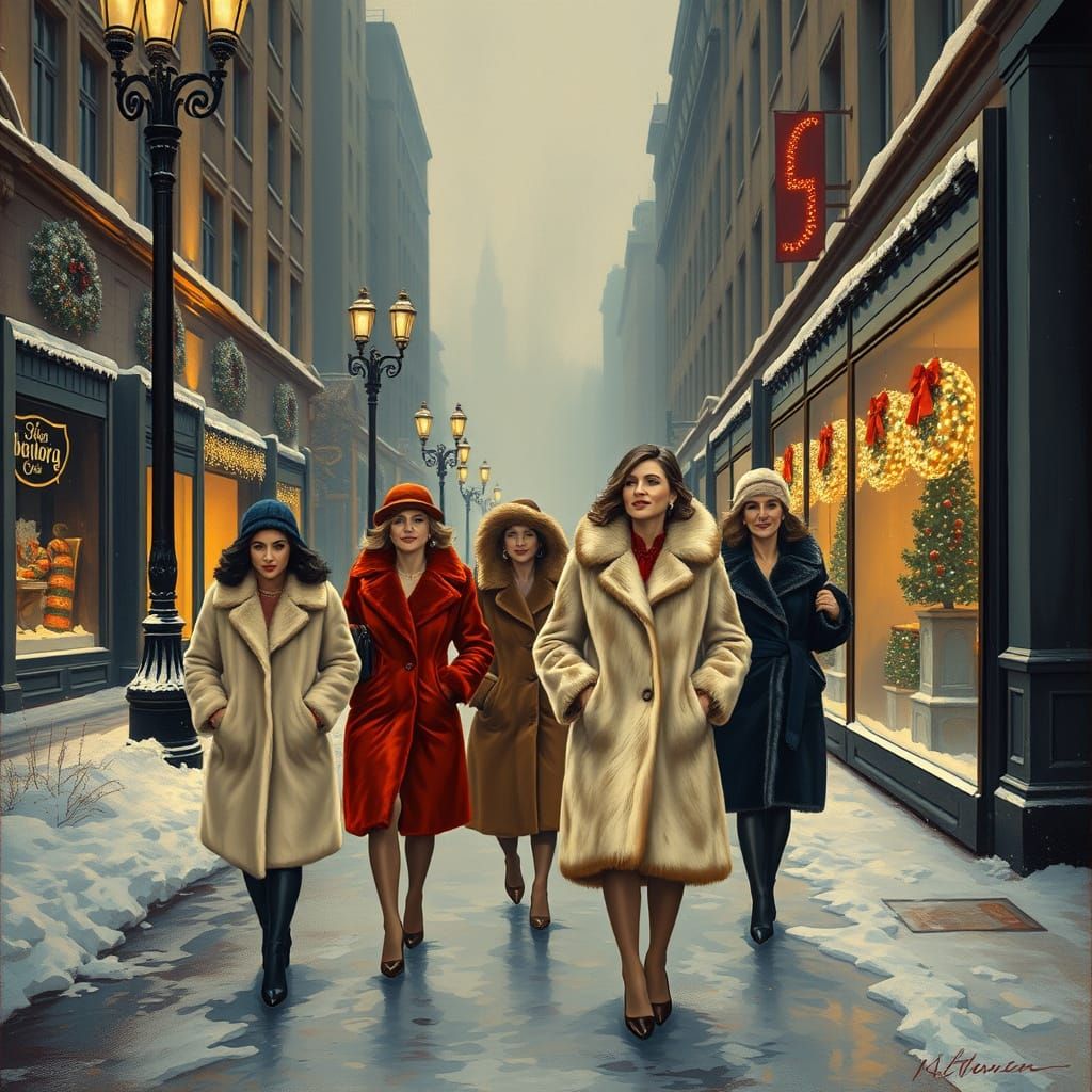 Women in Elegant Furs Stroll through Snowy City Streets in A...