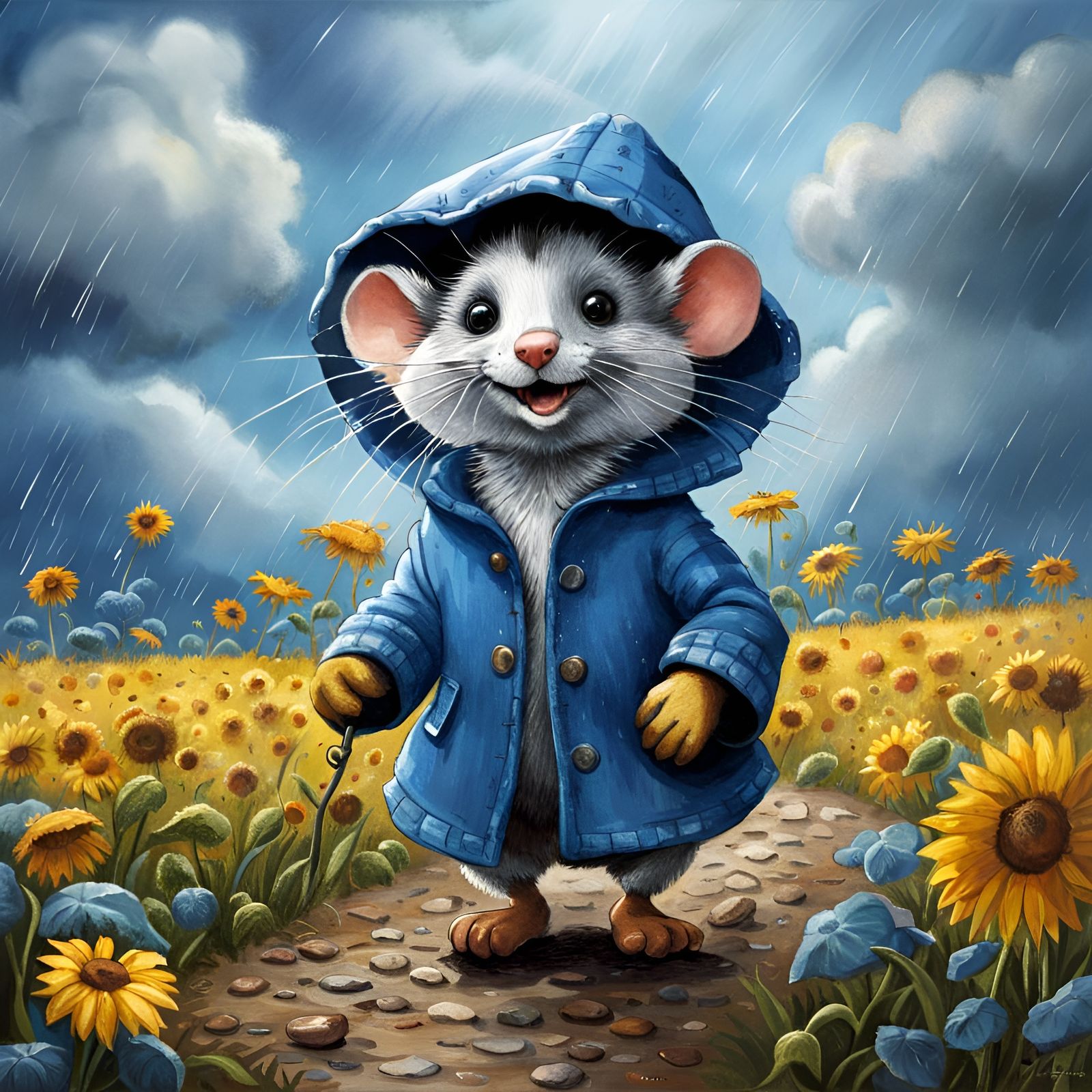 A Happy and Joyful Mouse Playing in the Rain