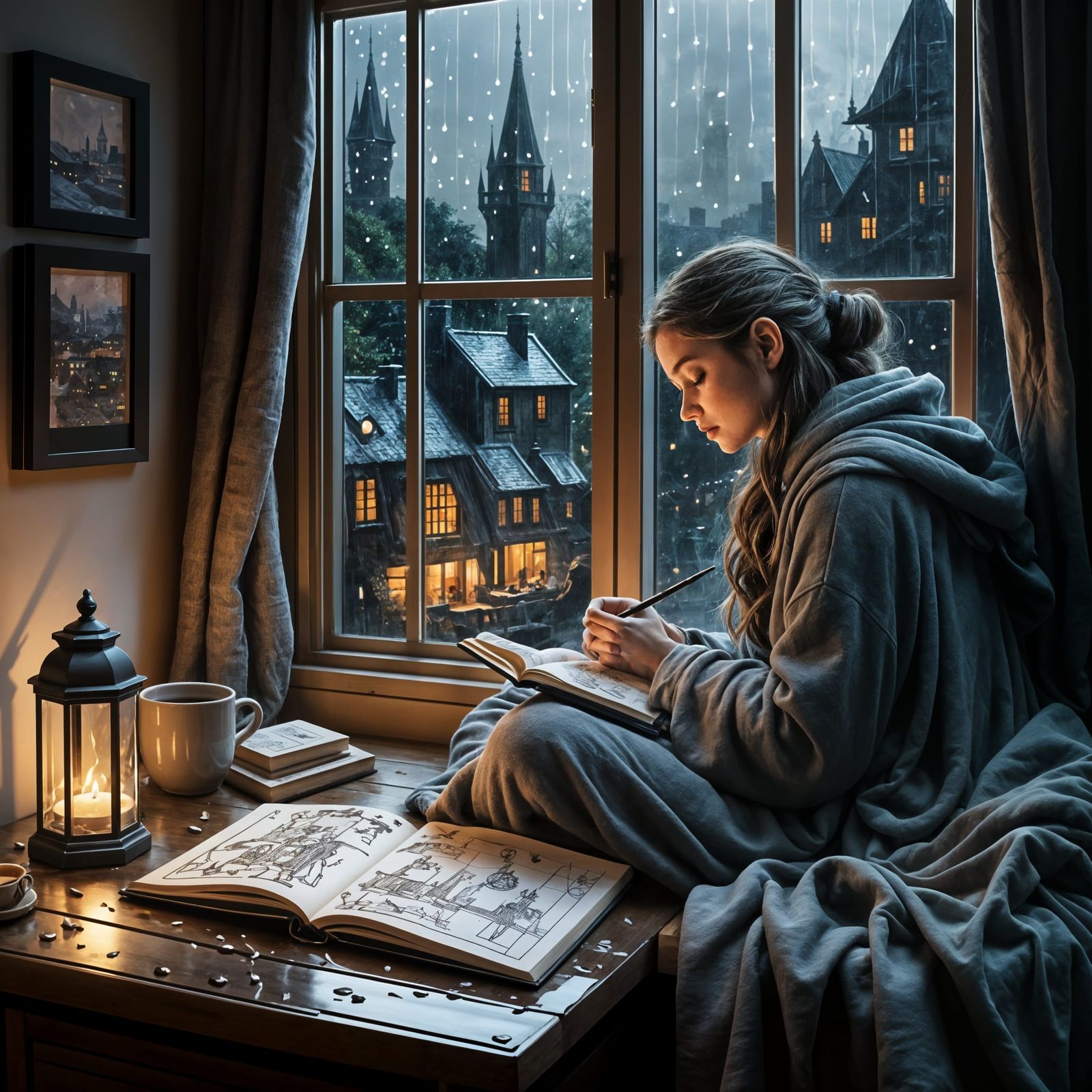 Cozy Girl Sketches Elvish Cityscape on Rainy Day