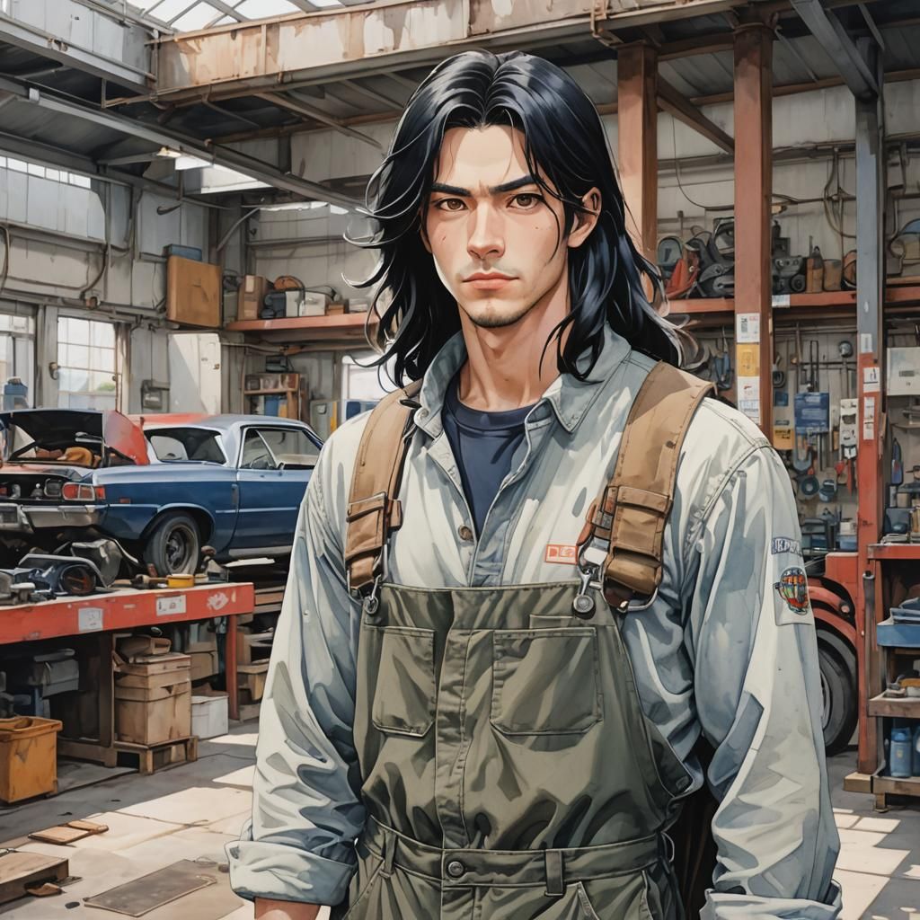 Anime Style Portrait in Car Repair Shop