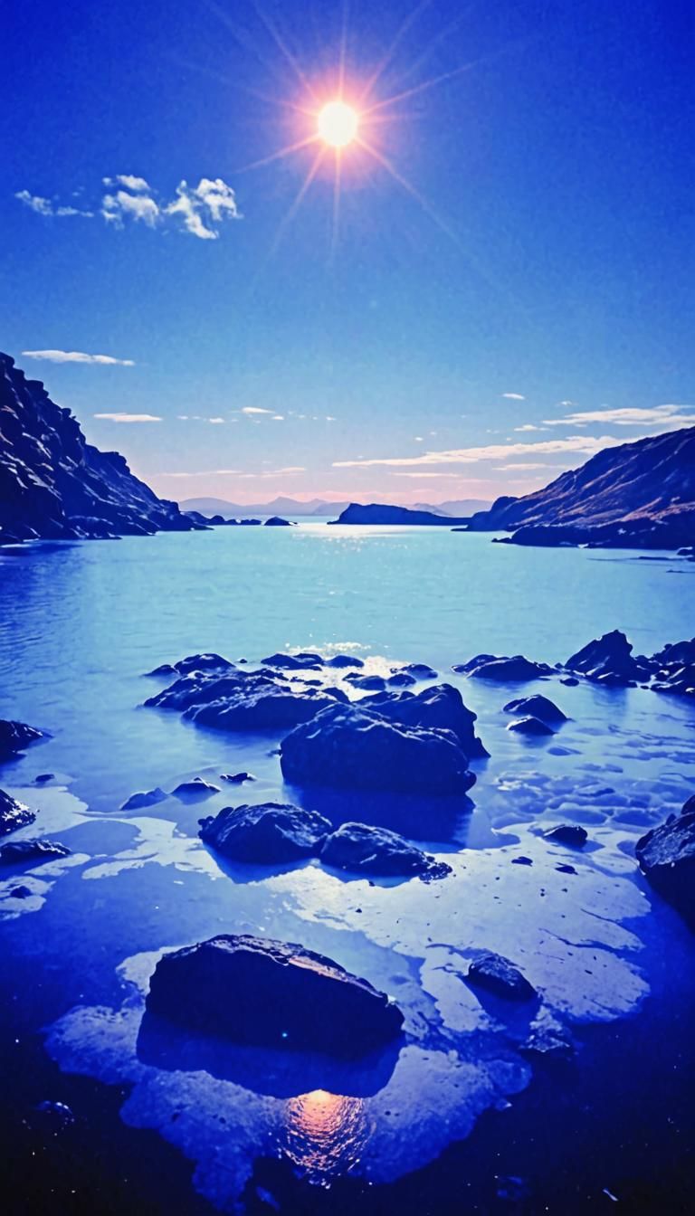 Picturesque Blue Lagoon at Sunset with Dark Rocks