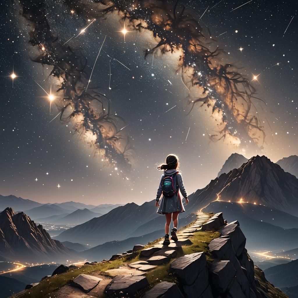 Little Girl Climbing Starry Mountain Path