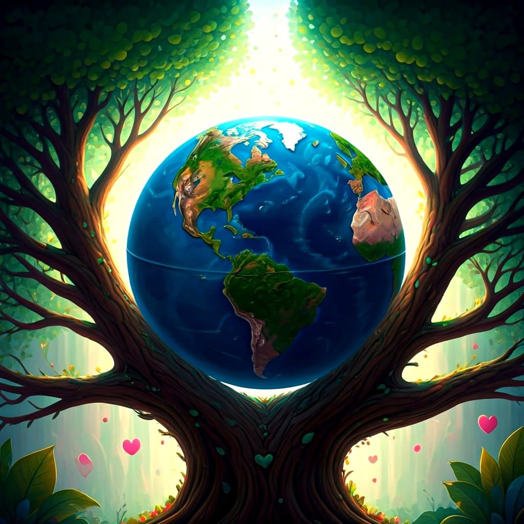 Giant Earth Cradled in Tree with Rainbow Light