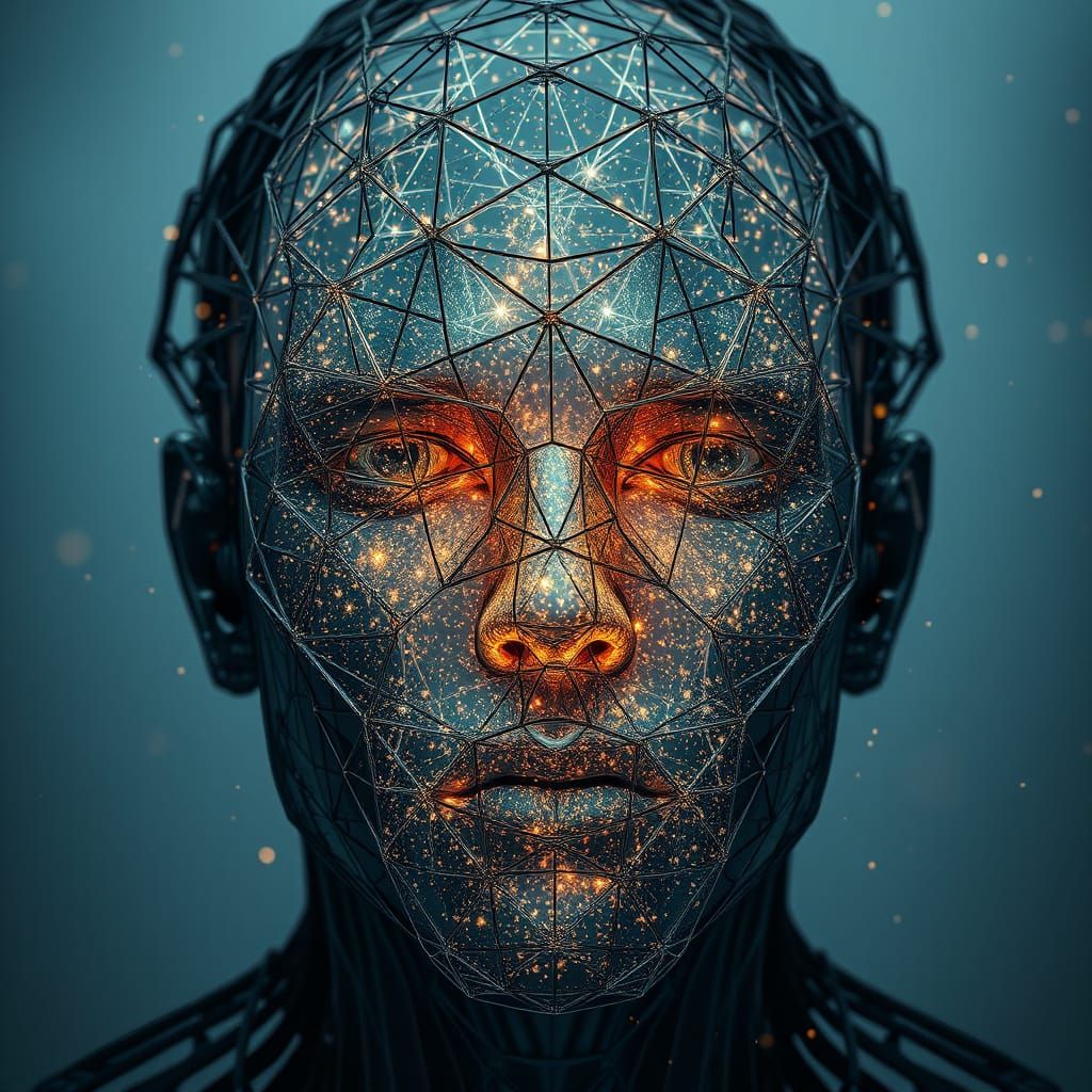 Wireframe Human Head Filled with Crystalline Dust