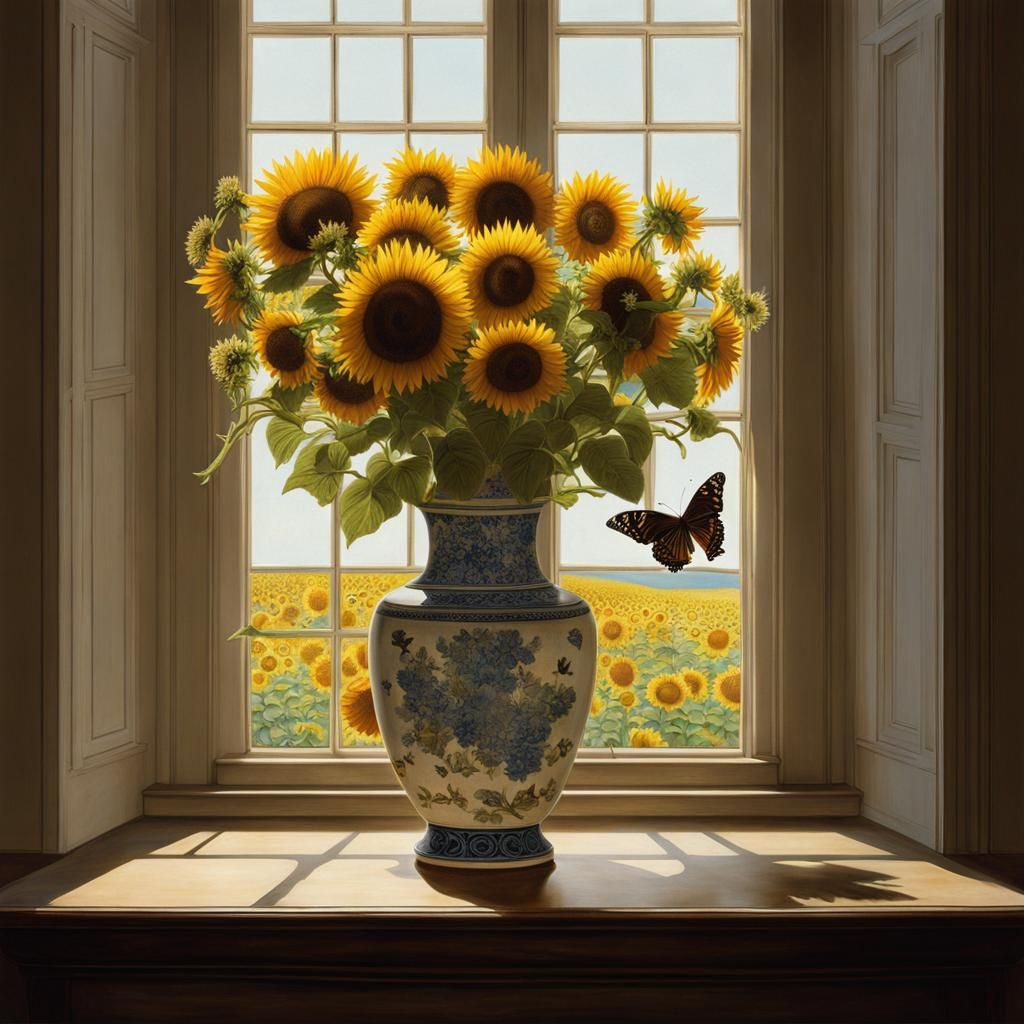 Sunlit Sunflowers in Vase: Romantic Style