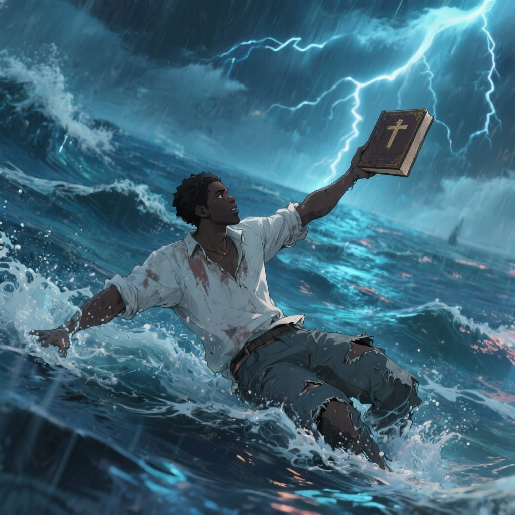 Man Reaching for Bible in Stormy Ocean: Anime Style