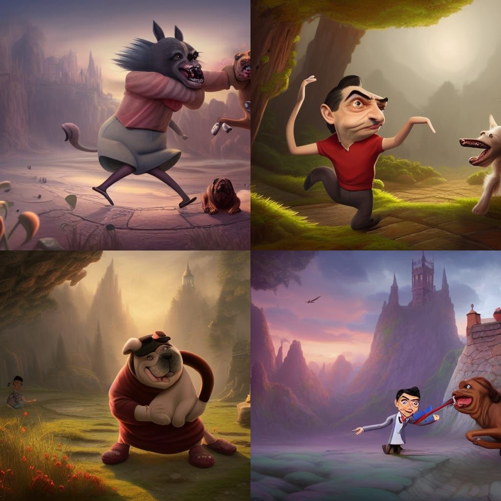 Cartoon Mr. Bean's Dog Fight: Artstation Concept