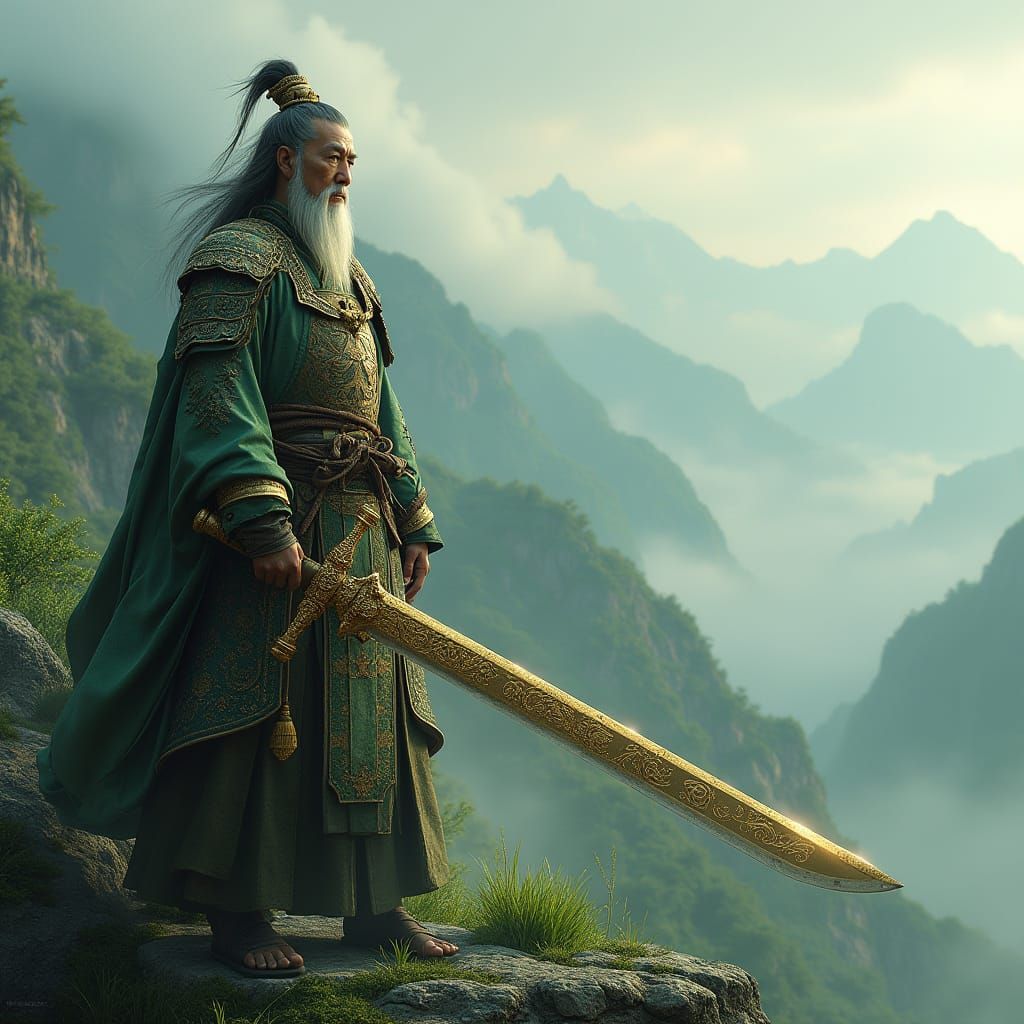 Chinese General on a Battle-Hardened Hillside, Holding a Gol...