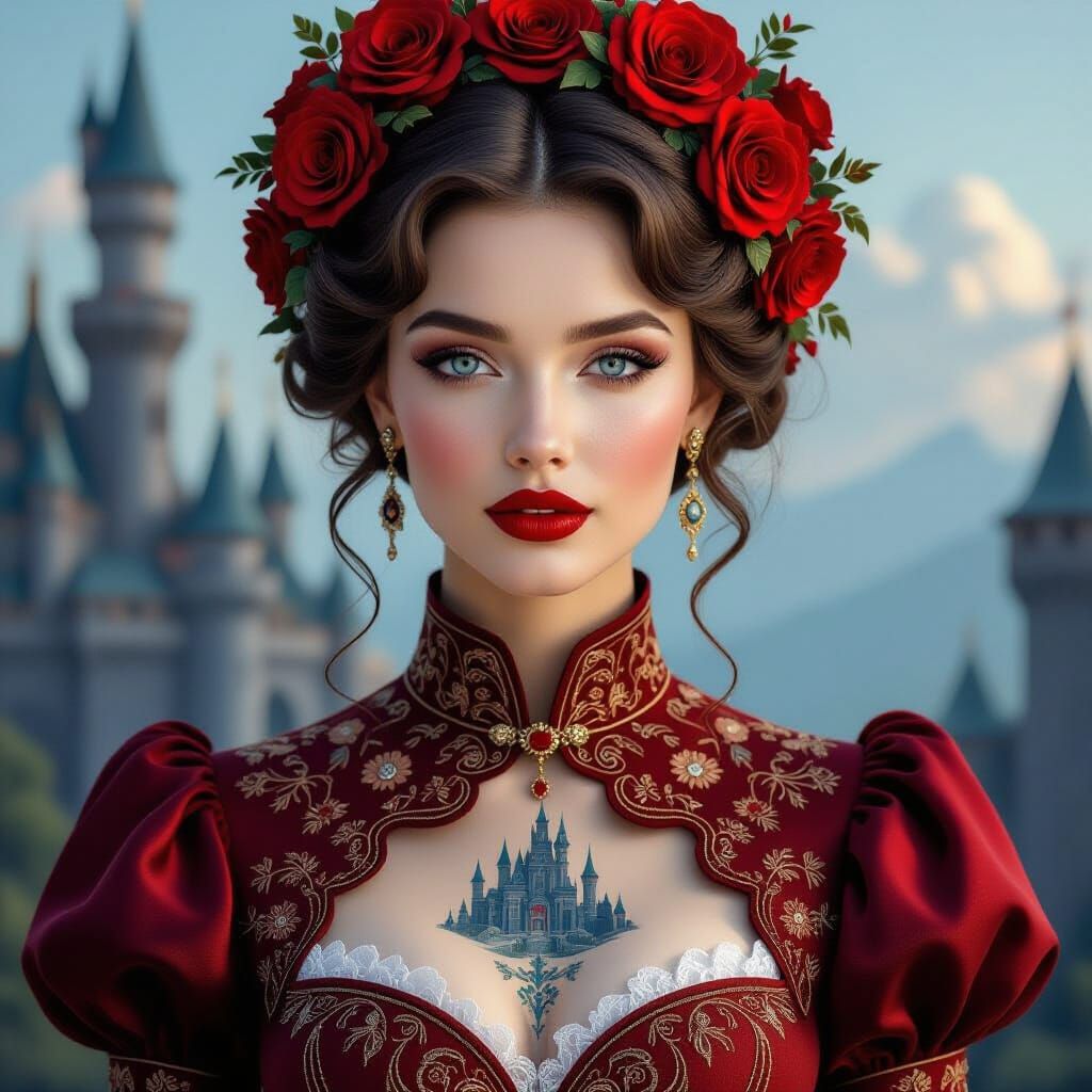 Elegant Woman in Red Dress with Castle Scene