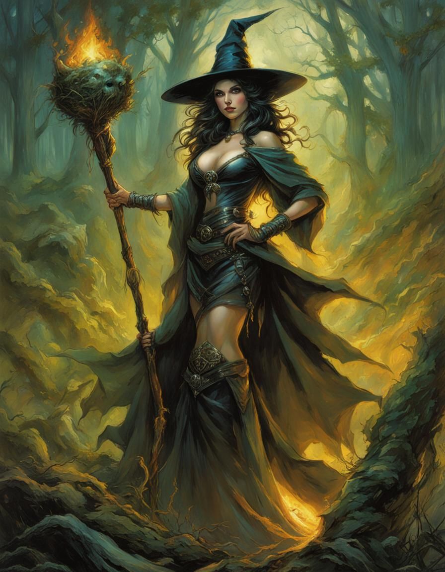 Enchanting Witch with Swamp Staff, Dark Fantasy Art