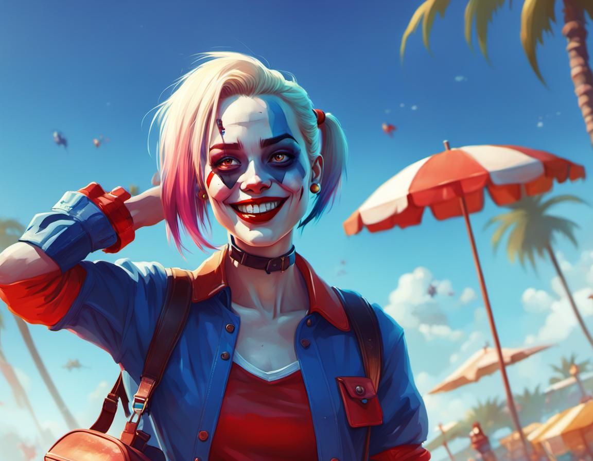Harley Quinn Vacation Portrait in Digital Art Style