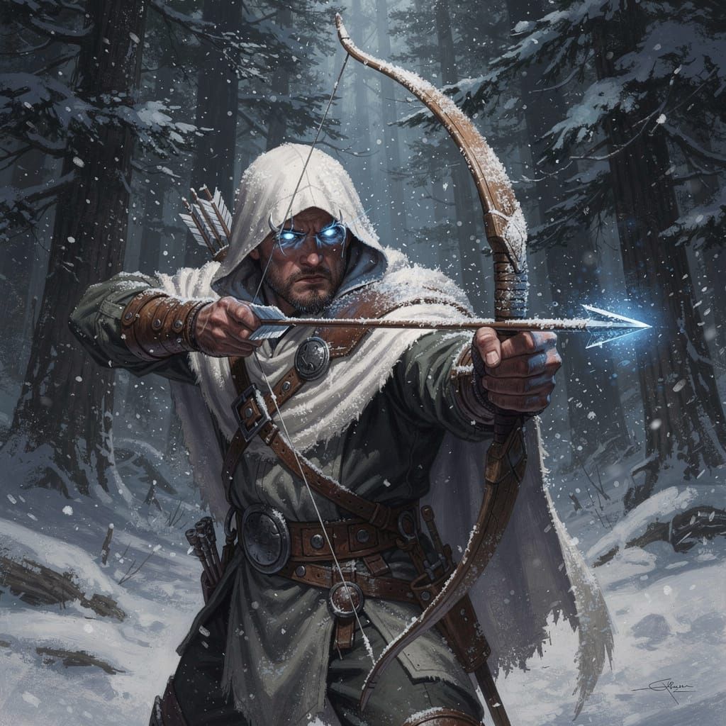 Fierce Archer in Snowy Forest with Glowing Eyes