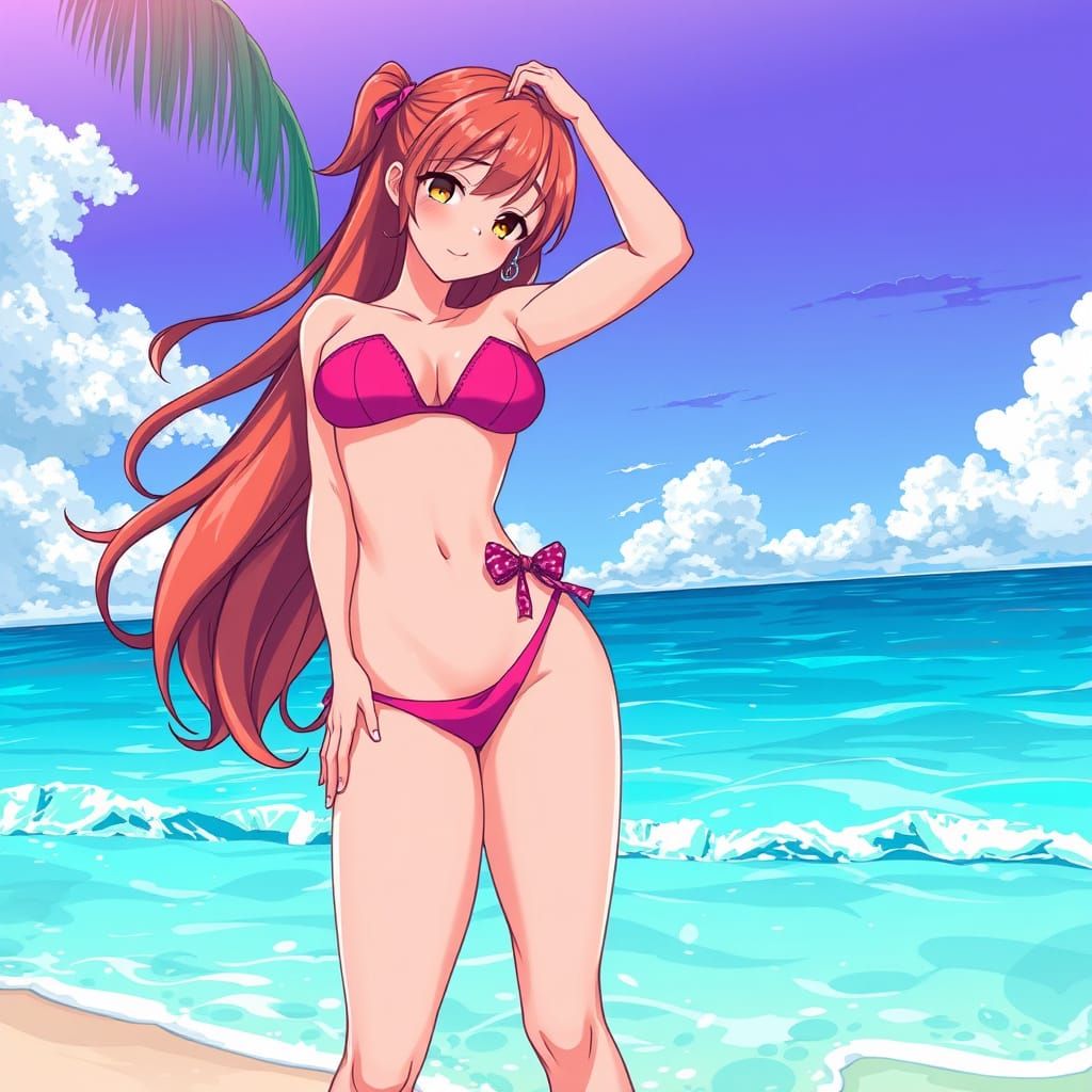 Anime Woman in Bikini on Beach