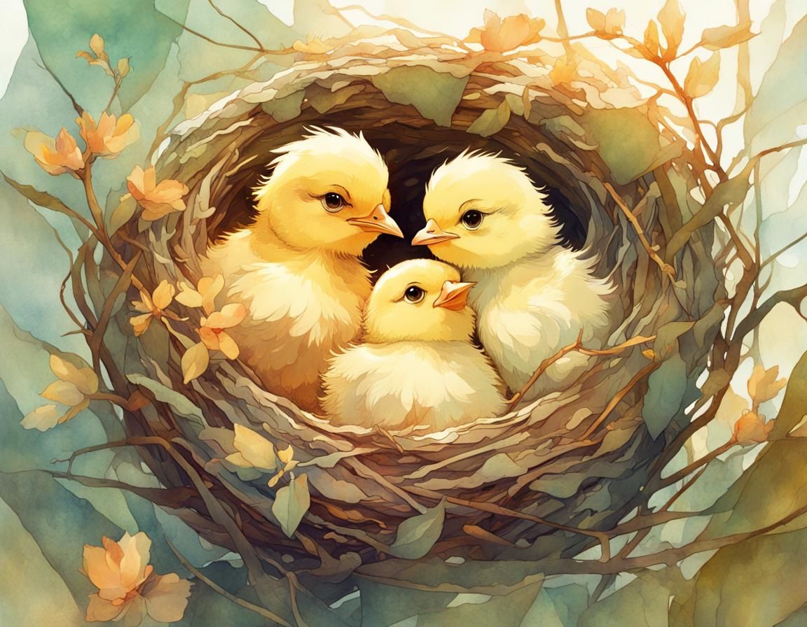 Two Baby Chicks in Nest, Watercolor Art Nouveau Style