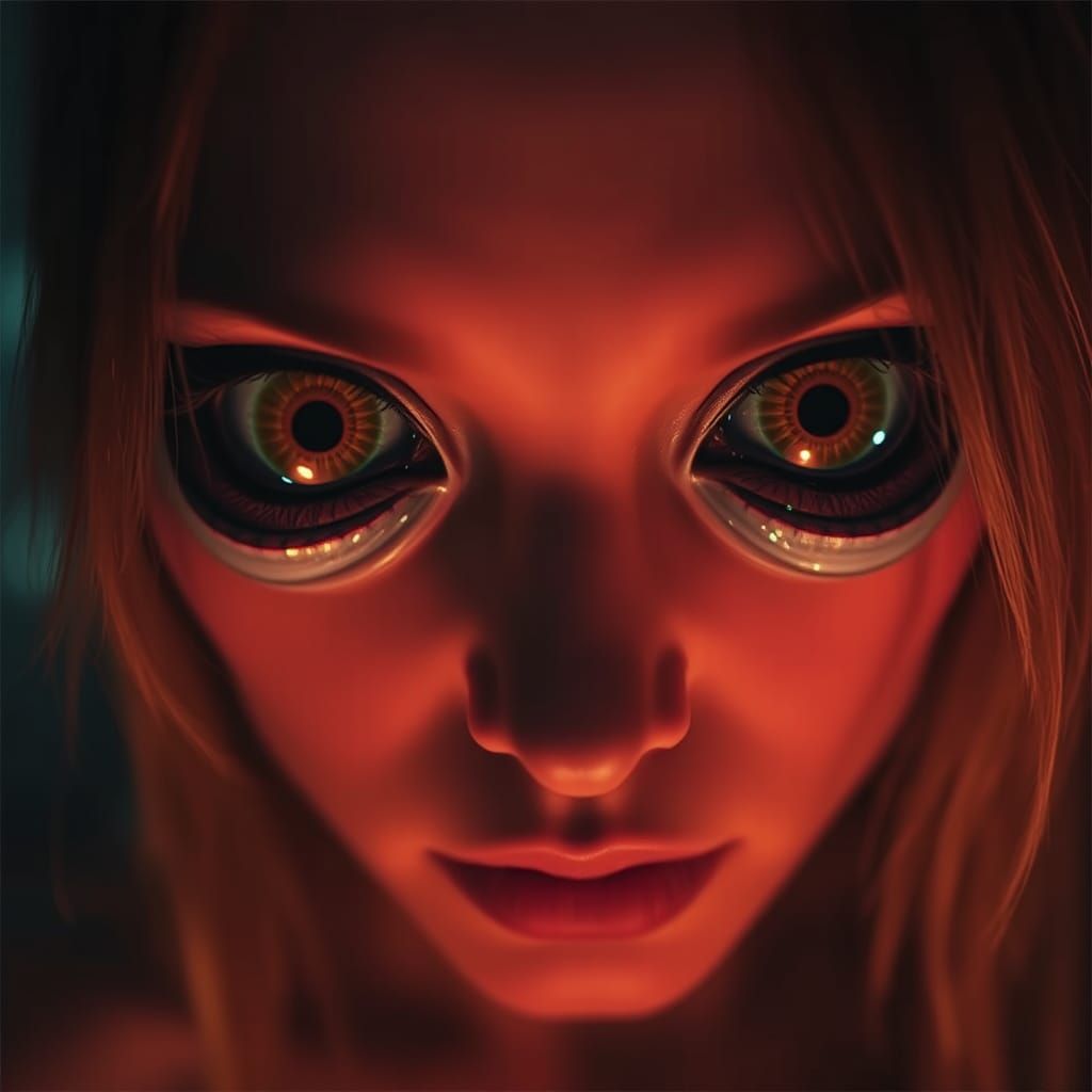 Woman with Chameleon Eyes in 80s Horror Style