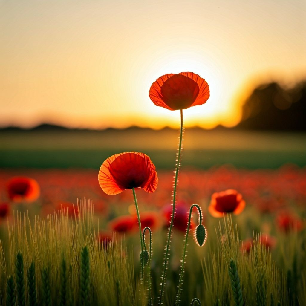 Red Poppy Flower at Sunset: Golden Hour