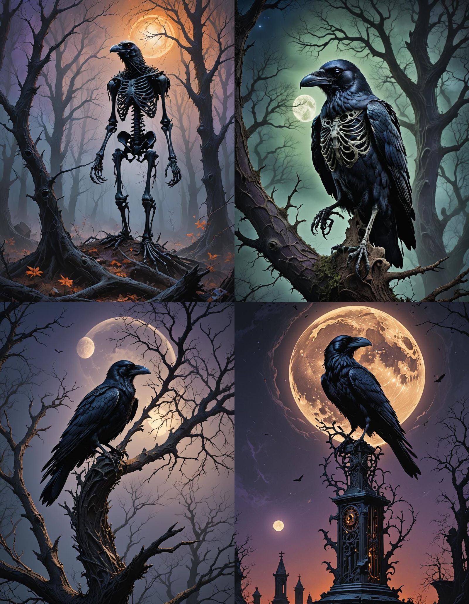 Gothic Raven Skeleton Under Full Moon