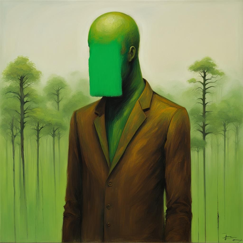 Green Faceless Man in Beksinski Style Oil Painting