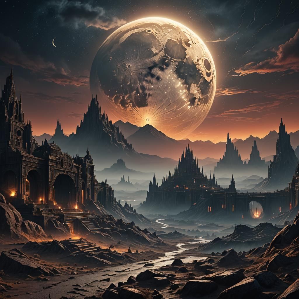 Ornate Moon with Cracks: Matte Painting in Vibrant Colors