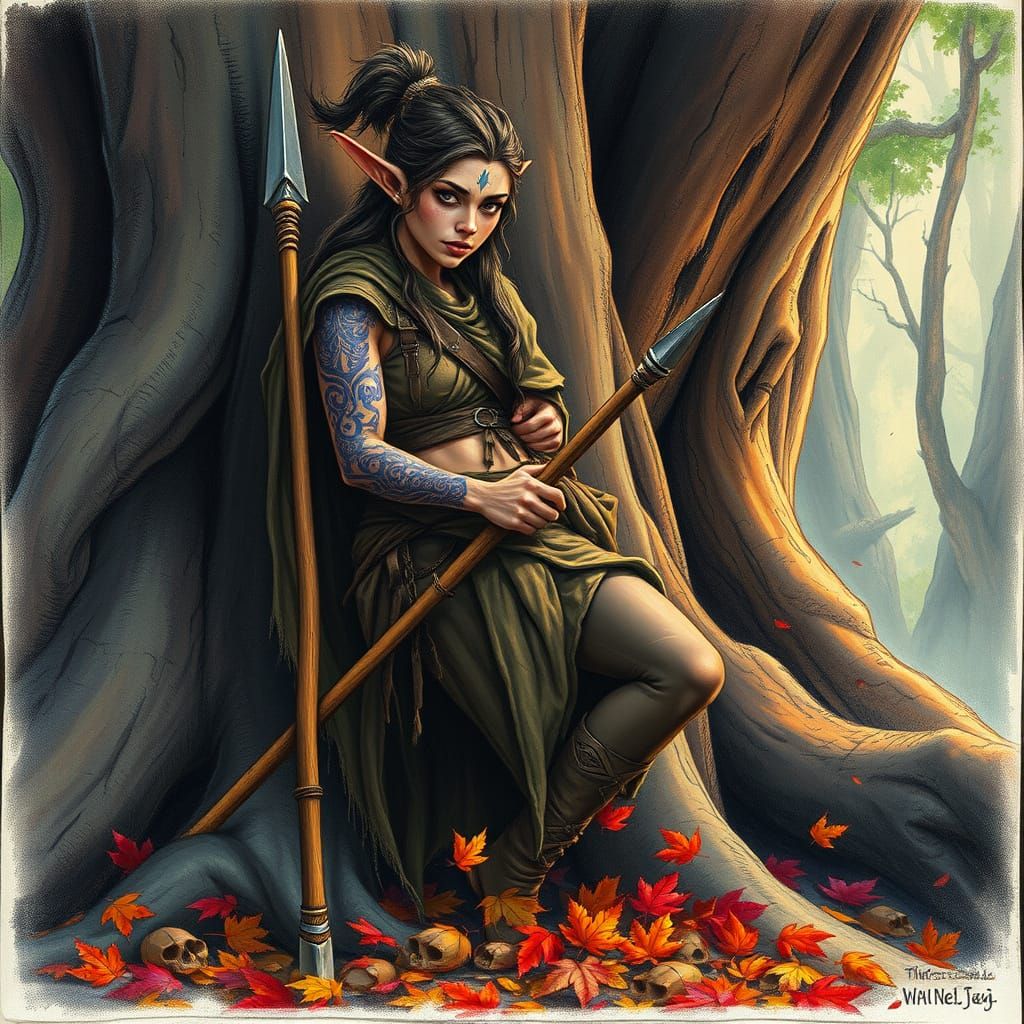 Wood Elf Warrior in Earthy Tones, with Purple Tattoos and We...