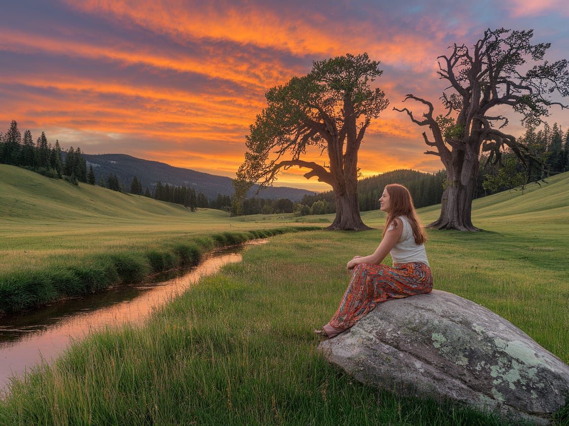 Golden Hour Meadow Serenity with Hippy Woman and Ancient Tre...