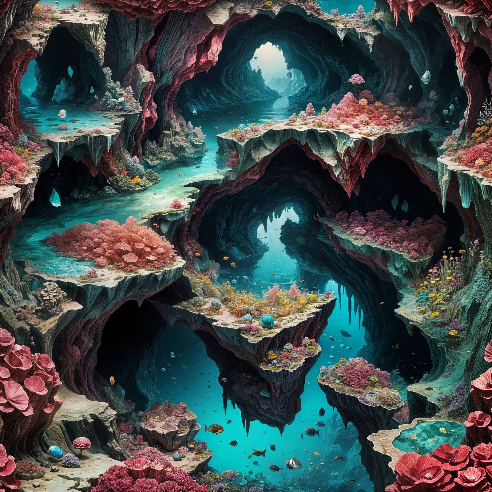 Surreal Ruby Cave Landscape in Whimsical Fantasy Style