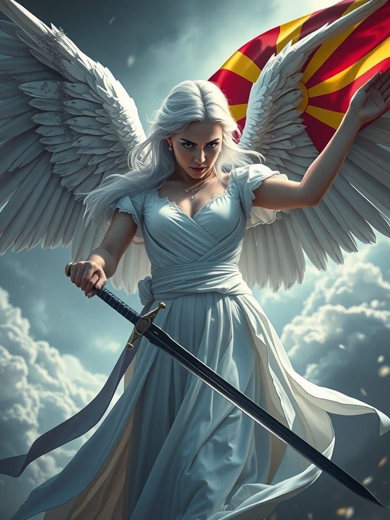 Menacing Angel Waving Macedonian Flag in Hyperrealistic Styl...