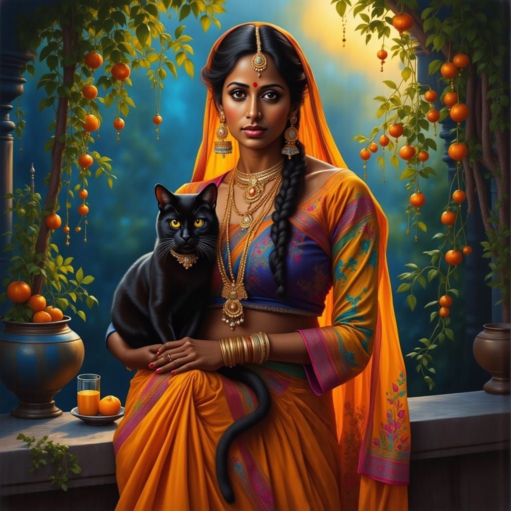 Indian Woman with Cat in Mystical Forest