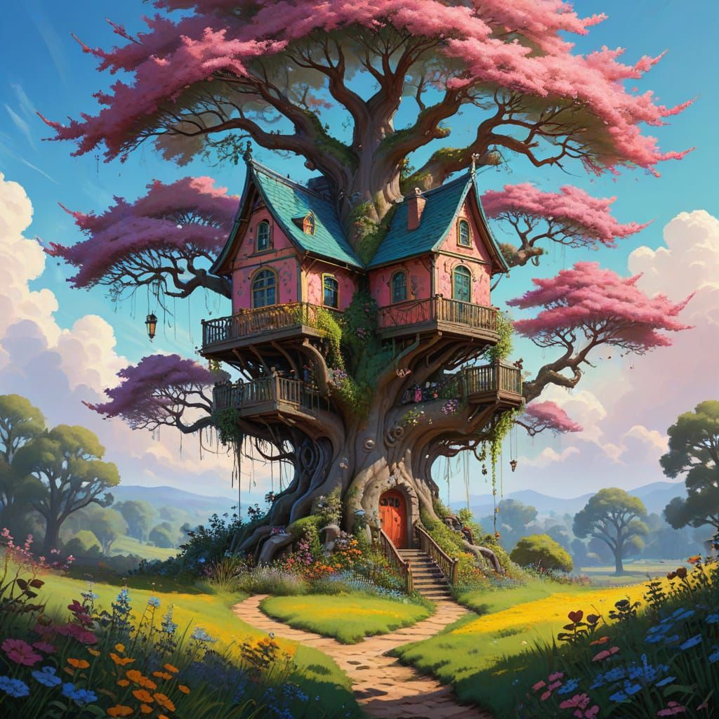 Whimsical Tree in Vibrant, Dynamic Style