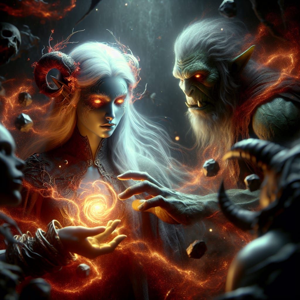 female tiefling wizard turning orcs into  stone statues, evi...