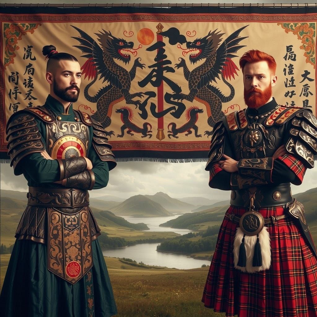 Chinese Warlord and Highlander in Pre-Raphaelite Style