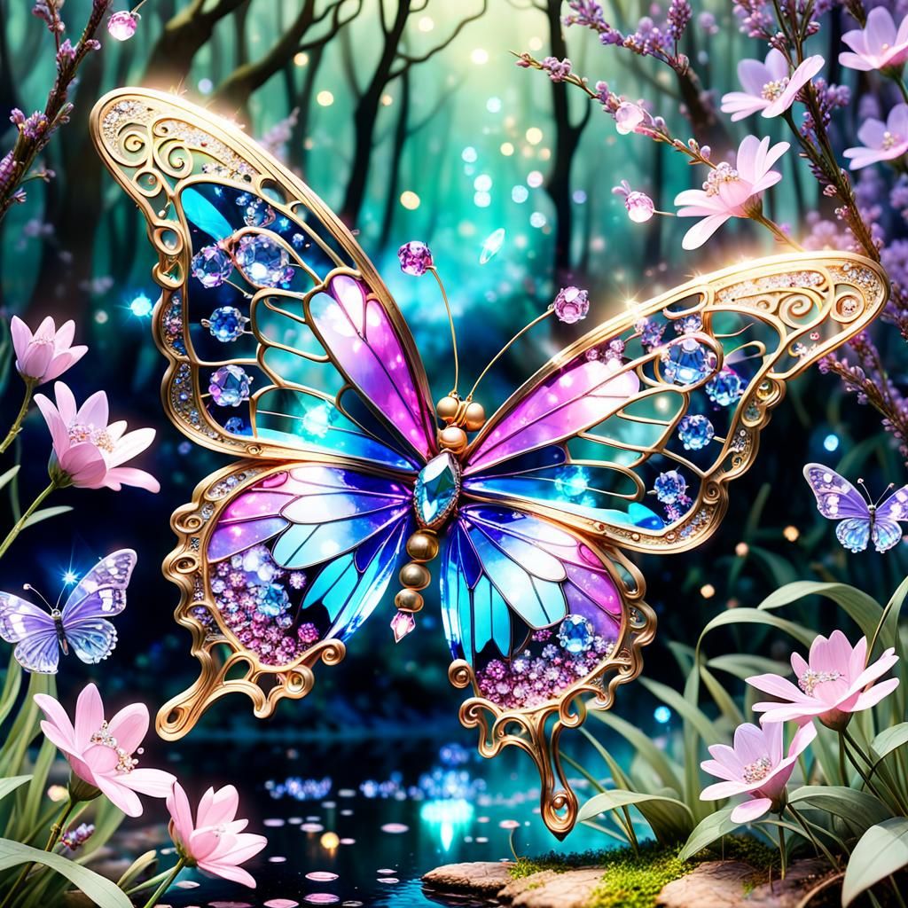 Ornate Crystal Butterfly in Enchanted Neon Woodland
