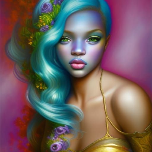 Ethereal siren African-American young lady with Blue hair with Green highlights& Brown eyes& Blue eyeshadow& purple lips...