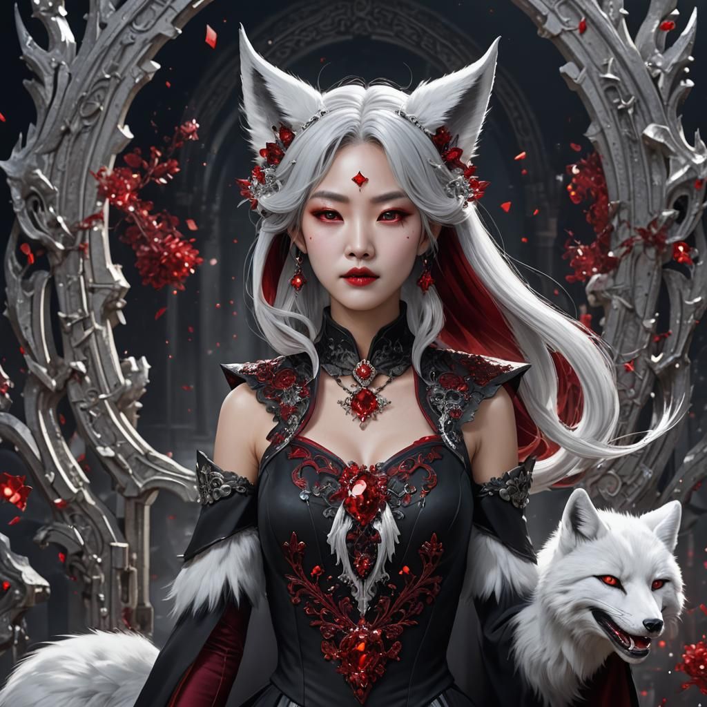 Korean Vampire Queen with Fox Ears in Detailed Painting
