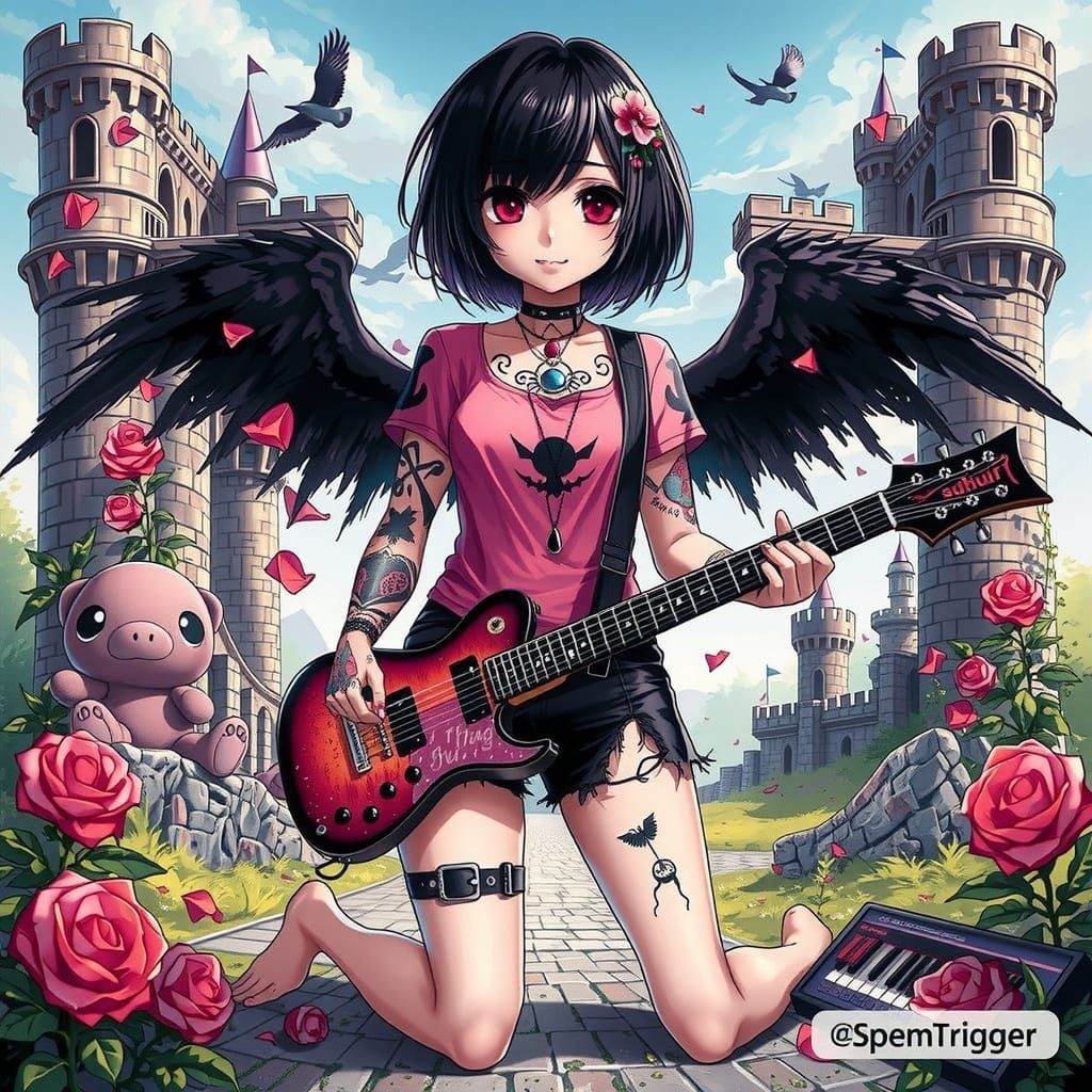 Emo Anime Girl with Synthesizer in Studio Trigger Style